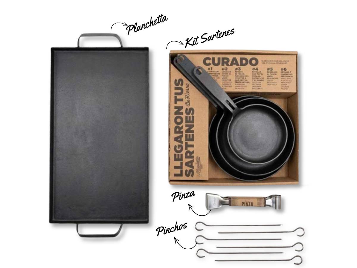 KIT LA PLANCHETTA + SARTENES + PINZAS Y PINCHOS